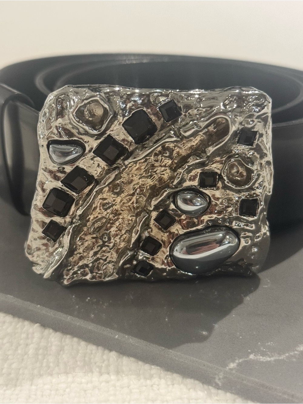 Prada spazzolato leather belt metallic polished steel / inlay of precious stone - Picture 2 of 10
